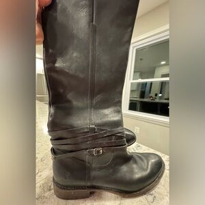 Frye Shirley Matte Black Tall Leather Mini Buckle Pull On Riding Boot Size 11B